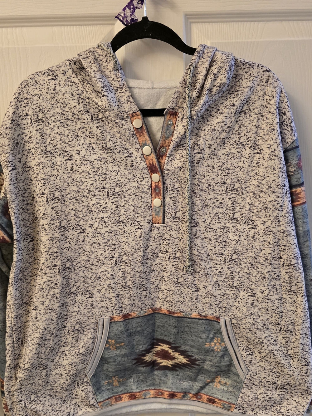 Cozy Cream Speckled Hoodie Sweater with Aztec Pocket